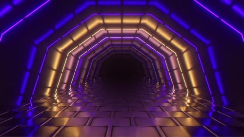 Flying in a Bright Neon Geometric Tunnel
