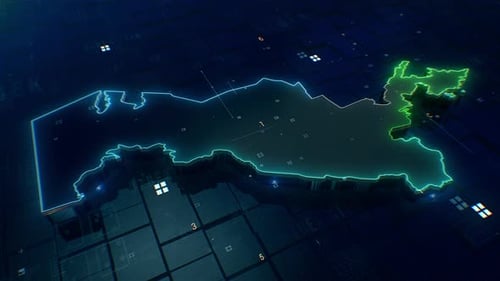 Futuristic Digital Map with Glowing Outline and Data Points