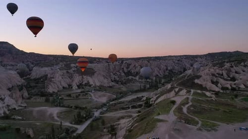 parade of balloons taking off at dawn in Cappadocia. travel concept