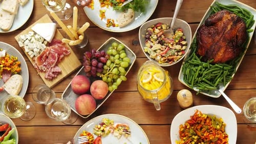 Overhead View of Delicious Feast on Wooden Table