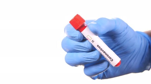 Gloved Hand Holding Coronavirus Blood Sample Test Tube