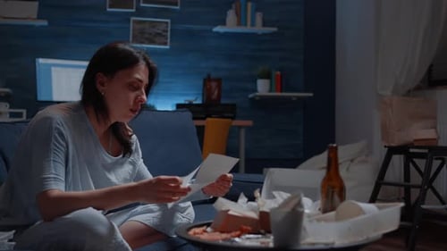 Confused Frustrated Nevous Young Woman Reading Letter Debt Notification