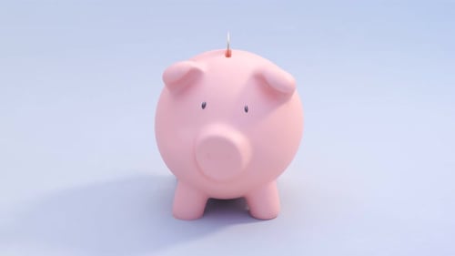 The happy cartoon piggy bank is full of money. Ready to pull out the deposit.