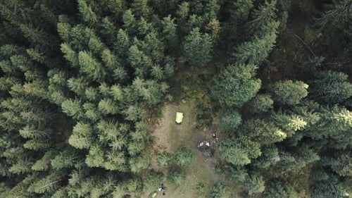 Closeup Top Down Tent Camp at Mountain Aerial
