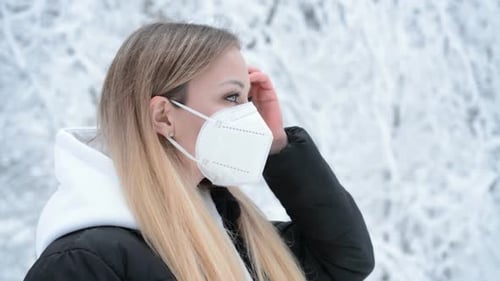 Portrait of Beautiful Young Woman Female Wearing Medical Face Mask Outdoor in Snowy Winter Forest