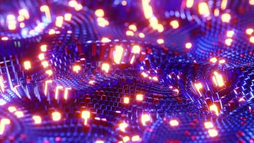 Animated wave moving structure of blue cubes with glare and radiance