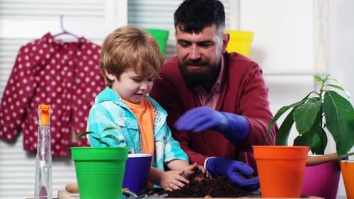 Boy and Man Planting Together Indoors