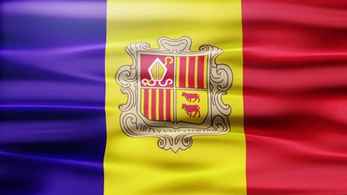 Waving Flag of Andorra with National Coat of Arms