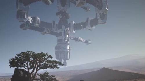 Alien Spaceship Rotate Over Desert. Ufo