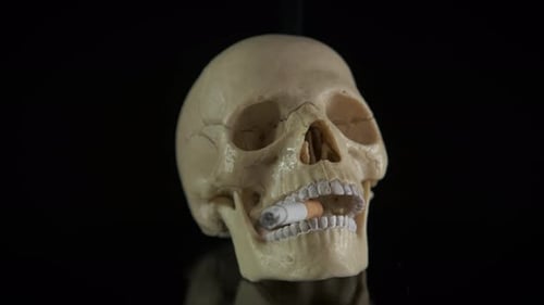 Skull Smokes Cigarette in Close Up Video