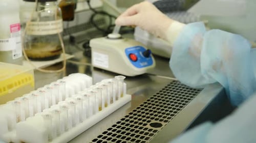 Hands working with samples in medical lab