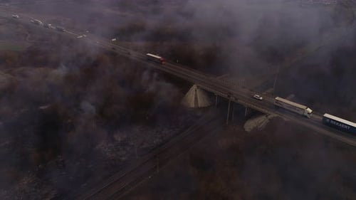 Brush Fire Aerial View with Highway Traffic