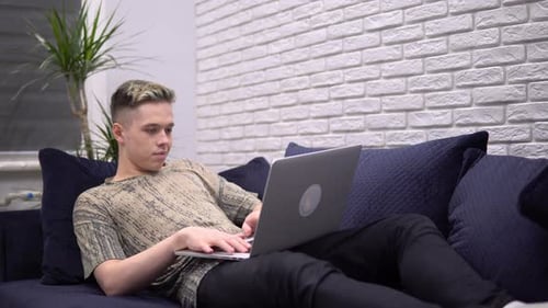 Young Adult Using Laptop Lying on a Couch