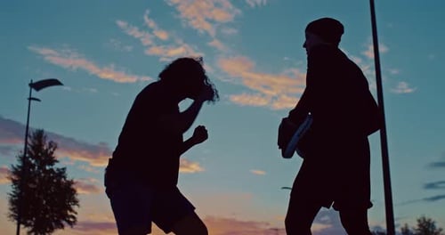Two Sportsmen are Training Boxing Punches Outdoors Silhouette Against Beautiful Sky Prores