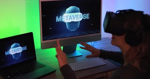 Woman Immersed in Virtual Reality Metaverse Experience