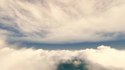 Seamless Loop Flying Through Fluffy White Clouds Over Blue Ocean
