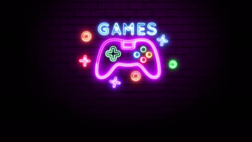 Games neon sign, bright signboard, light banner. Game logo neon, emblem