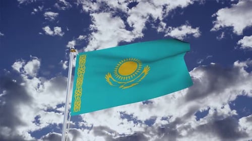 Kazakhstan National Flag Waving in Realistic Blue Sky Loop