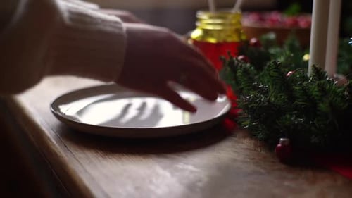 Christmas Table Decoration with Plate Close-Up