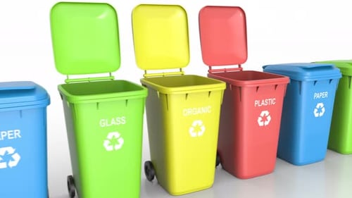 Plastic Waste Bins with Flaps Open and Close and Waste Type Labels against White Background