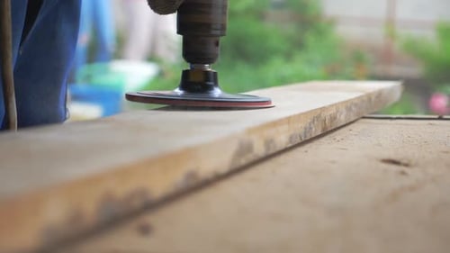 Close Up of Wood Processing. Unrecognizable Carpenter Working in His Workshop. Artisan Processing