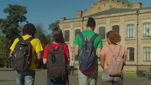 Rear View of Diverse Students Walking After Lesson