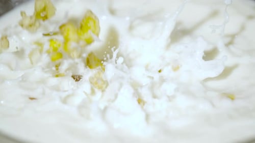 Fruit and Nut Pieces Splashing into Cream