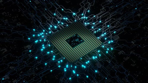 Animated Digital Processor with Glowing Data Transfer on Circuit Board