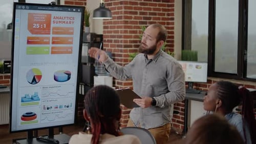 Business Presentation on Analytics with Coworkers in Modern Office