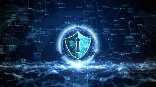 Animated Cybersecurity Shield on Digital Network Background