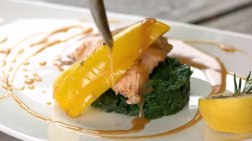 Salmon Dish with Yellow Pepper and Green Vegetable