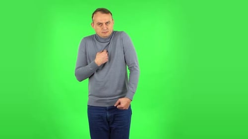 Perplexed Man in Looking Camera, Pointing Himself, Say Who Me No Thanks i Do Not Need, Green Screen