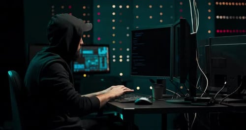 Man Typing at Computer in Dark Office