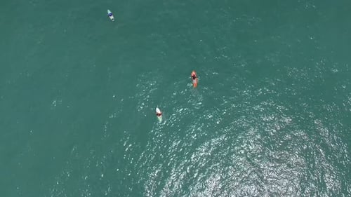 Aerial Shot of Group of Surfers Training in a Sea