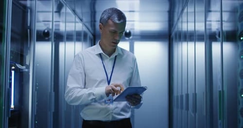 Lachender Ingenieur im Korridor des Rechenzentrums