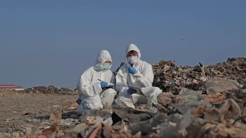 Scientists Inspecting Trash in Protective Suits