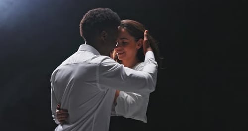 Film Scene Theater Play Love Acting Tender Greeting of Two People Man Embracing Beloved Combing Her