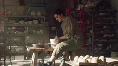 Une femme Potter est assise sur le volant de Potter et travaille