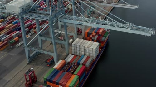 Container Shipyard Tower Cranes and Forklifts on a Harbor Port