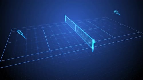 High tech holographic 3D animation of tennis game. Futuristic rackets hit ball across hologram court