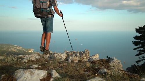 Man Tourist Climbed to the Top of Mountain Hike Travel and Spread Hands Spbd
