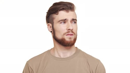 Man Gestures, Thinking Deeply on White Background