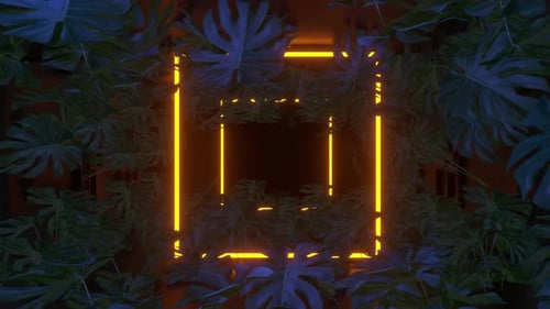 Neon Glowing Square Frames with Tropical Leaves Logo Reveal