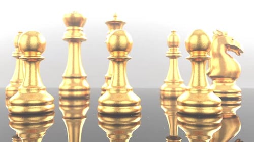 Golden Chess Pieces on Reflective Surface Animation