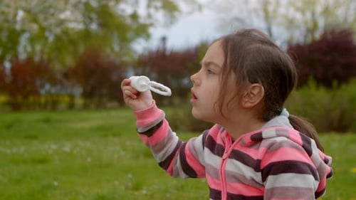 Girl Blowing Bubbles Outside in Field