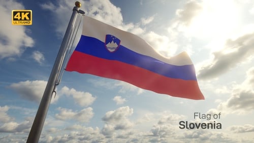 Slovenian National Flag Waving in Wind Against Sunny Cloudy Sky