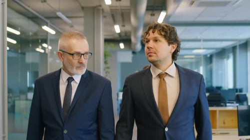 Two Businessmen Walking in Office and Speaking