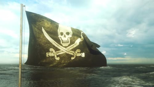 Distressed Pirate Flag Waving Above Choppy Ocean