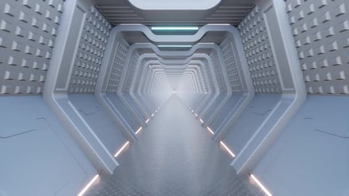 Futuristic Modern Architecture Tunnel Corridor with Led Lamp Metallic Floor