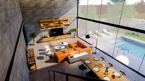 3d rendering. Interior house modern open living space with kitchen.